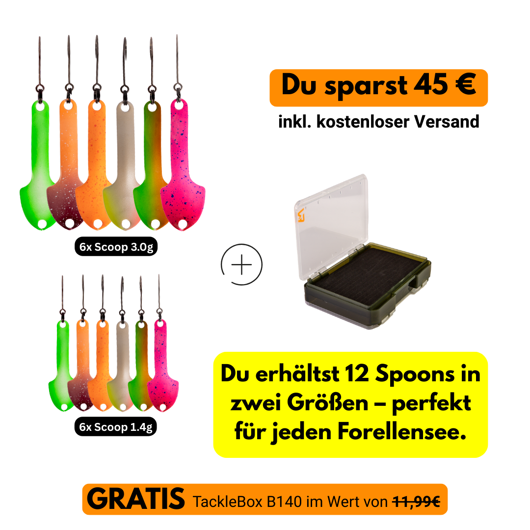 12er SCOOP 1.4g + 3.0g Spoon Set inkl. GRATIS Tacklebox B140